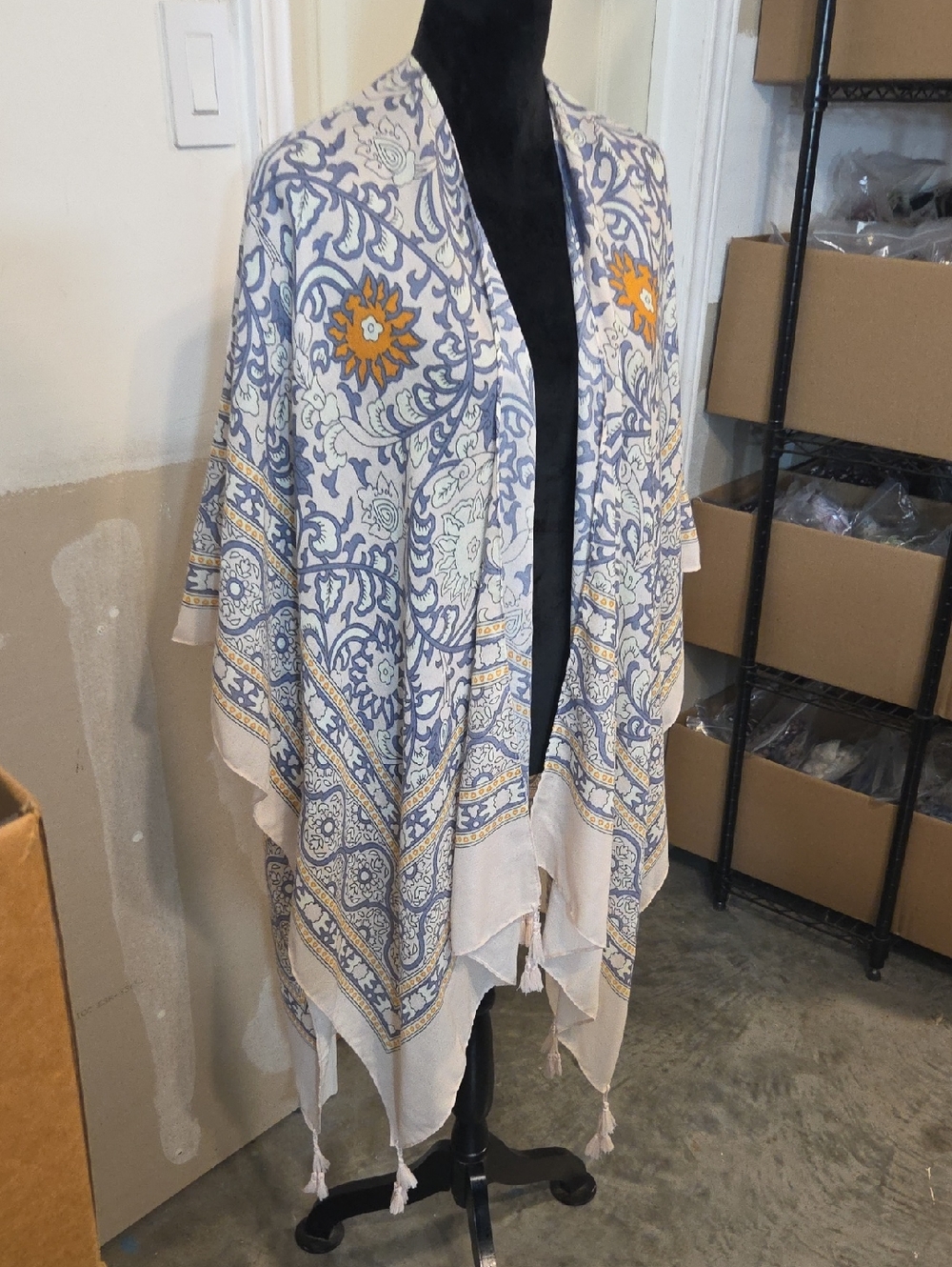 Lightweight Printed Kimono Ponchos Wrap Shrugs Boho Blue Floral Fringe Swim